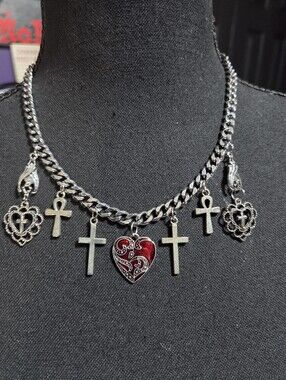 Handmade Necklace Heart Ankh Cross Bat Charm Stainless Steel Goth Emo Silver Red